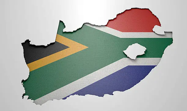 The shape of the country of South Africa in the colours of its national flag recessed into an isolated white surface