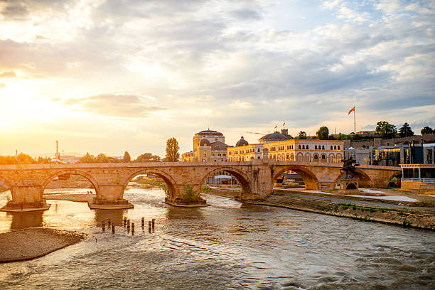 View on Stone bridge View on Stone bridge from Oko bridge in Skopje on sunset balkans stock pictures, royalty-free photos & images