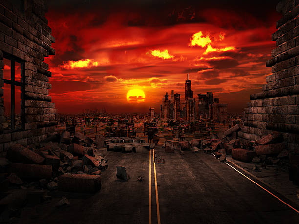 View of the destroyed city Apocalyptic scenery with ruins of a city apocalypse stock pictures, royalty-free photos & images