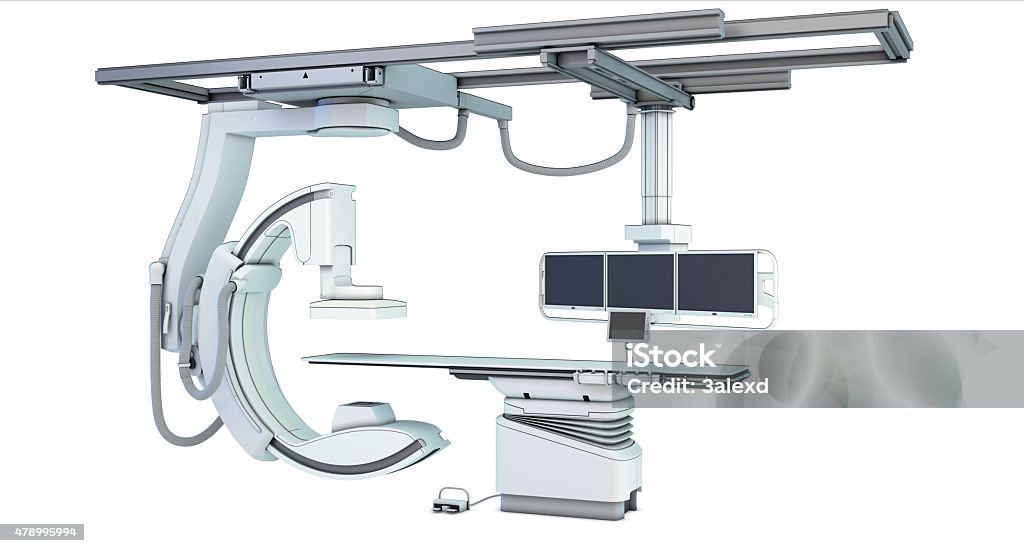 Interventional X-ray System 3D illustration of x-ray machine on white background. C-Arm Fluoroscope Stock Photo