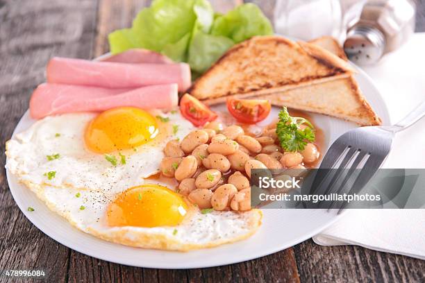 Breakfast With Egg And Beans Stock Photo - Download Image Now - 2015, Bacon, Bean