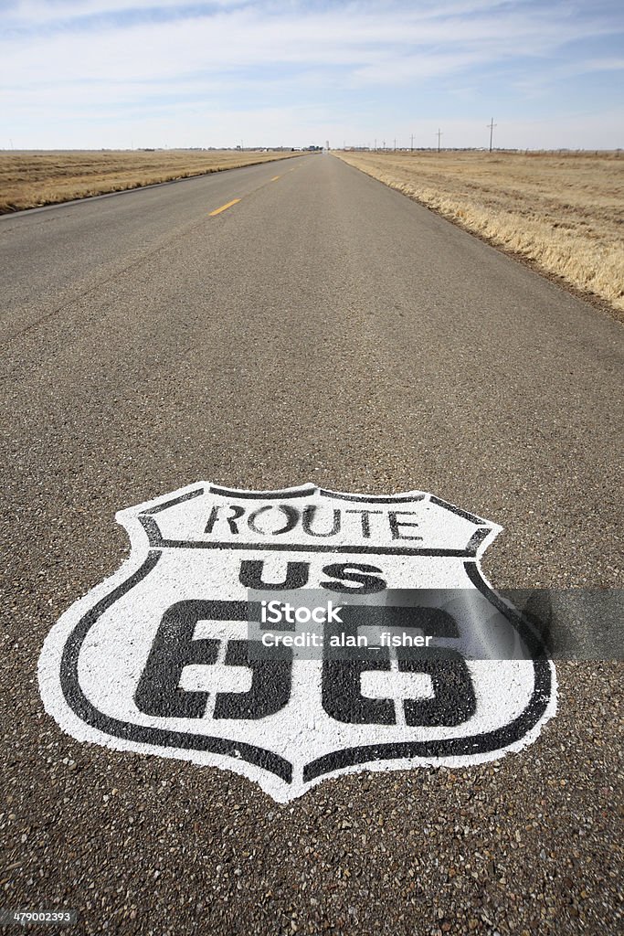 Route 66 road sign A sign painted on old Route 66 in Oklahoma. Desert Road Stock Photo