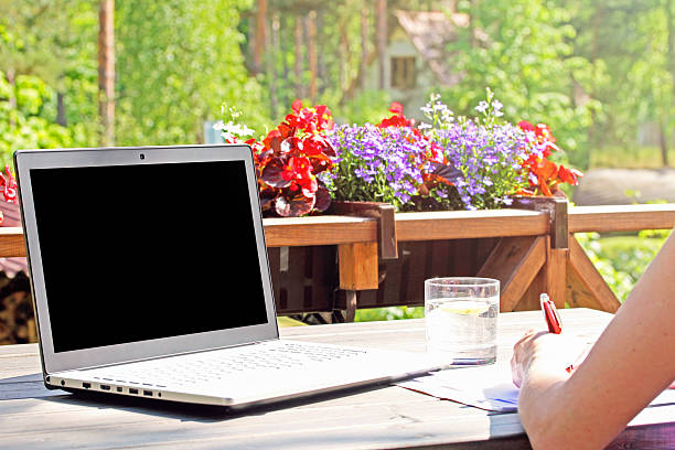 work from home, table with laptop on terrace