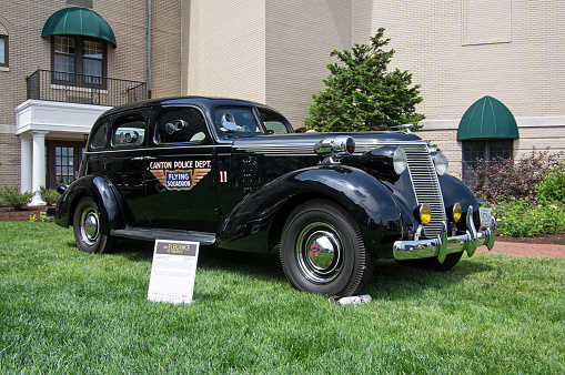 Hershey, PA, USA-June 14, 2015:  1937 Studebaker President Sedan Police Car on display at The Elegance at Hershey.  The special bullet-proof police car was used to control violent strikes at area mills.