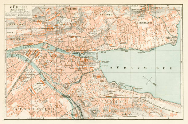 Map of Zurich 1897 Map of the city of Zurich, Switzerland zurich map stock illustrations