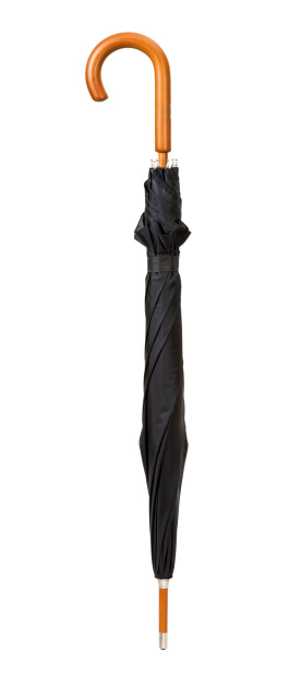 Closed Black Umbrella with a caramel colored wooden handle.  The wood tip of the umbrella has a metal tip on the end.  The black material is folded and held in place by a Velcro strap.  The umbrella is photographed straight on, in an upright position, with the handle on top.  The unfolded umbrella is used to protect against rain or sometimes the sun. The image is a cut out, isolated on a white background, and includes a clipping path.