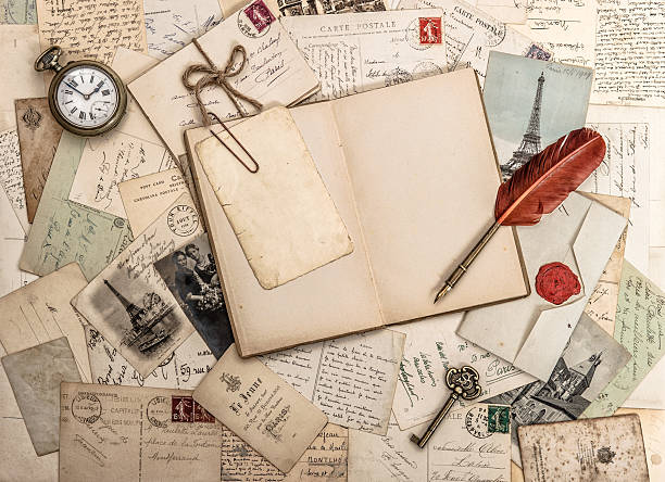 istock Open diary book, old accessories and postcards. Vintage background 479009602