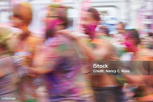 Conga Line Dancing At Holi Festival Of Color Stock Photo - Download Image Now - 2015, Activity, Blurred Motion