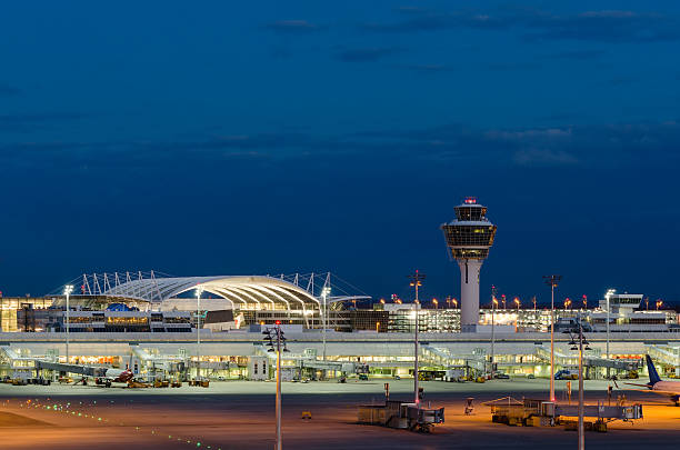 Munich Airport at Night Munich Airport at Night, Munich, Bavaria, Germany. munich airport stock pictures, royalty-free photos & images