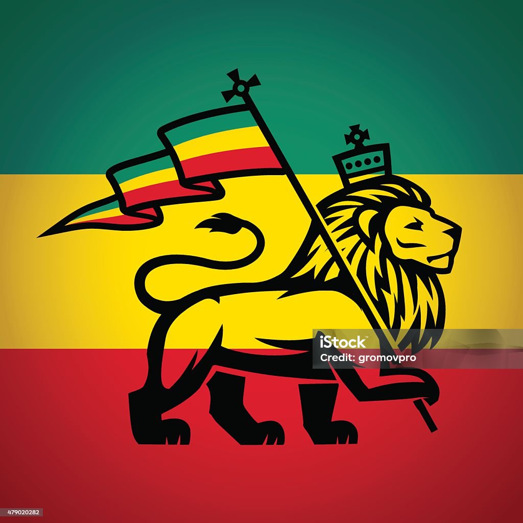 Judah lion with a rastafari flag. King of Zion logo Judah lion with a rastafari flag. King of Zion logo illustration. Reggae music vector design. Rastafarian stock vector