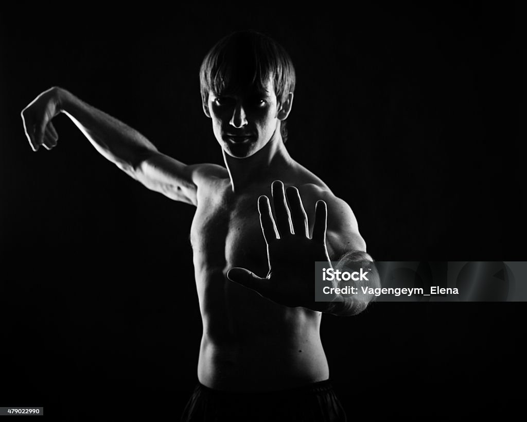 Kung Fu athletes do self defense kata Male fighter kung fu doing kata. Low key. The concept of self-defense. 2015 Stock Photo