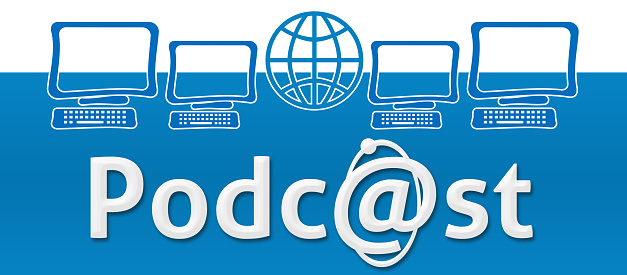 Podcast concept image with text and related symbols on top.