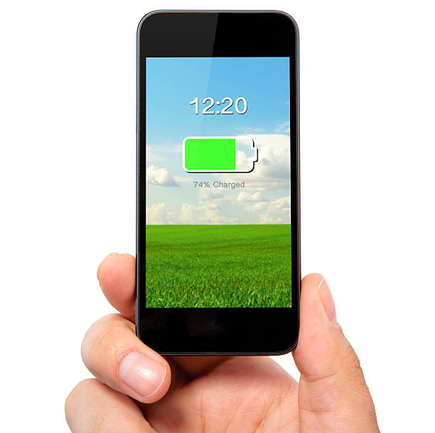 istock man hand holding the phone with charged battery 479025349