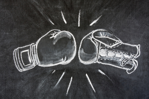 boxing glove white chalk illustration showing two opposing gloves in a punch