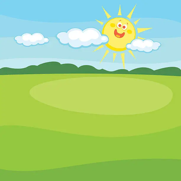 Vector illustration of Cartoon Landscape With Cute Smiling Sun