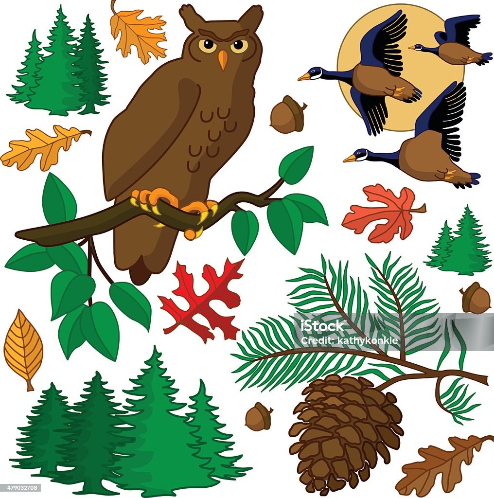 autumn design elements with owl and flying geese A vector illustration of autumn design elements with owl, flying geese, pine branch, pine trees and leaves in the evening with a moon rising. 2015 stock vector