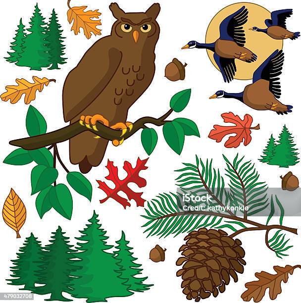 Autumn Design Elements With Owl And Flying Geese Stock Illustration - Download Image Now - 2015, Animal Wildlife, Animals In The Wild