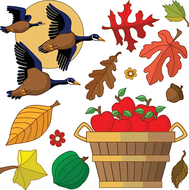 Vector illustration of Autumn design elements with flying geese and bushel of apples