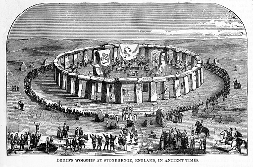 Rare and beautifully executed Engraved illustration of Druids Worshiping at Stonehenge, England in Ancient Times Engraving from The Popular Pictorial Bible, Containing the Old and New Testaments, Published in 1862. Copyright has expired on this artwork. Digitally restored.