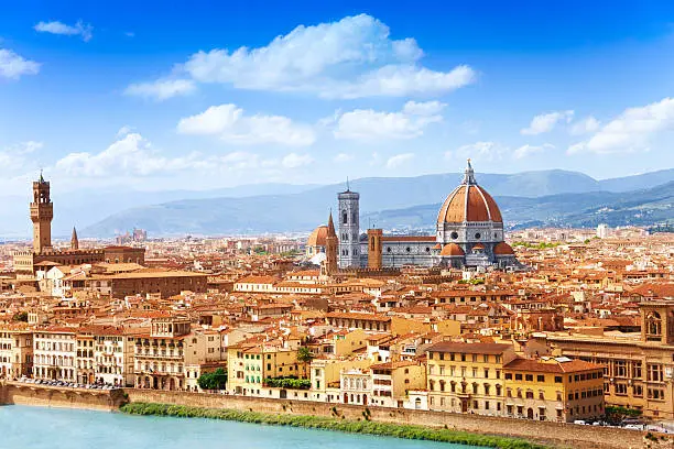 Cityscape panorama of Arno river, towers and cathedrals of Florence