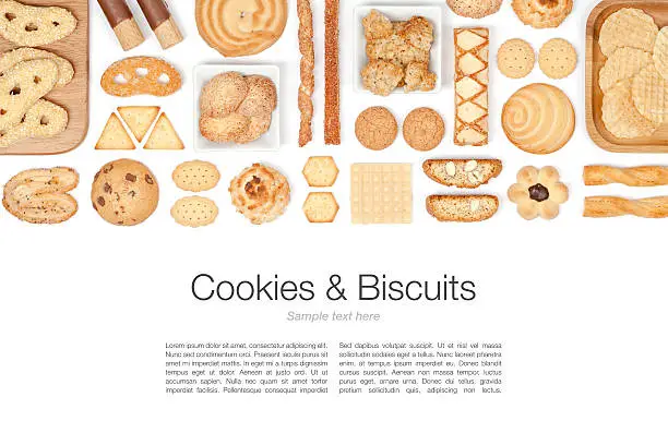 cookies and biscuits on white background top view