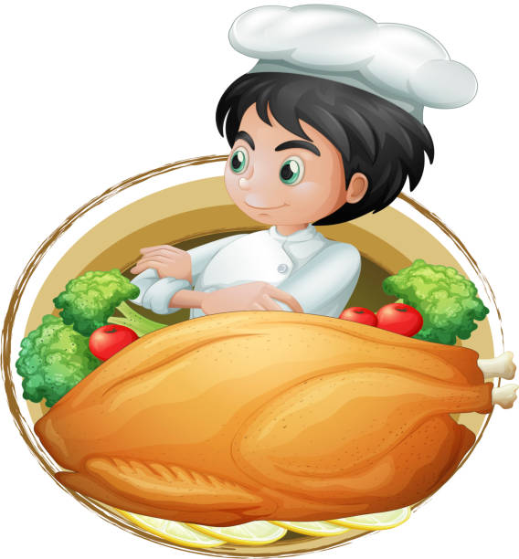 Culinary Male chef with chicken and vegetable foreground man grilling white background stock illustrations
