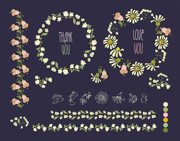 floral frame collection.   набор милый ретро цветы организовать - plan flower arrangement single flower blue stock illustrations