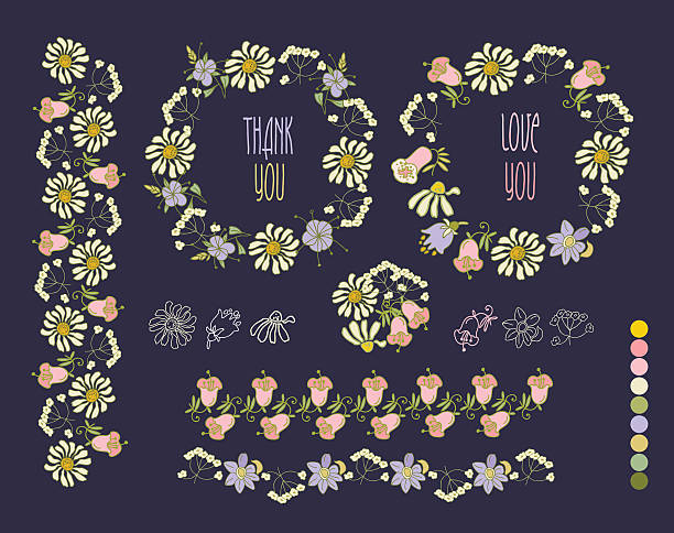 ilustraciones, imágenes clip art, dibujos animados e iconos de stock de marco floral de la colección.   conjunto de flores retro organizar monada - plan flower arrangement single flower blue