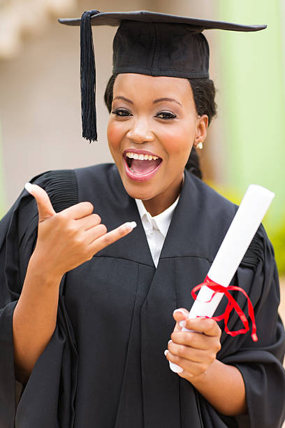 istock young african female graduate doing call me sign 479043234