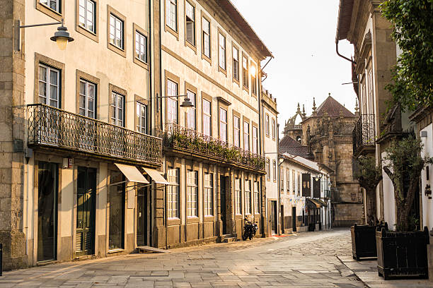 Braga cityscape at sunrise Braga cityscape at sunrise, maintaining its old character in the city centre. Taken with a 50mm Planar zeiss, bringing out deep sharp contrasting shadows. braga district stock pictures, royalty-free photos & images