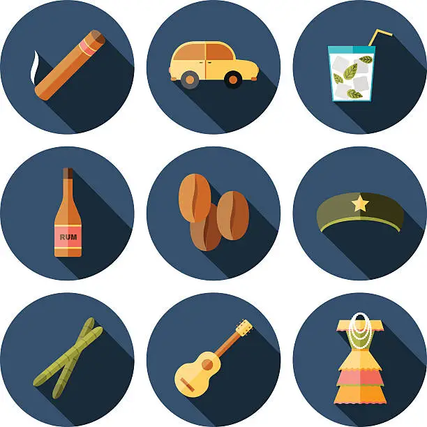 Vector illustration of Set of flat colorful icons on Cuba theme