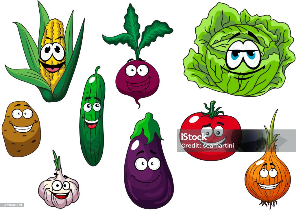 Fresh tasty cartoon vegetables characters Corn cob, potato, cucumber, tomato, onion, eggplant, garlic, cabbage and beet cartoon vegetables characters for healthy food or agriculture design 2015 stock vector