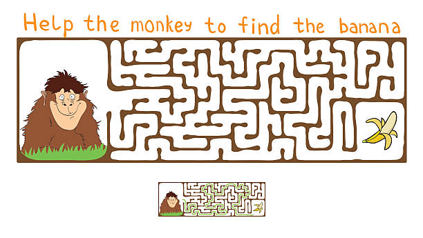 illustrazioni stock, clip art, cartoni animati e icone di tendenza di vettore labirinto, il labirinto con scimmia e banana - silhouette isolated on white illustration and painting street