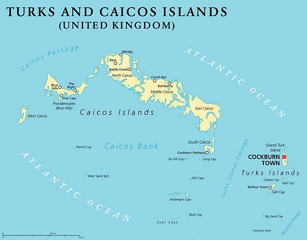 Turks and Caicos Islands Political Map Turks and Caicos Islands political map with capital Cockburn Town. British Overseas Territory with two groups of tropical islands in the Lucayan Archipelago. English labeling and scaling. Illustration. turks and caicos islands caicos islands bahamas island stock illustrations