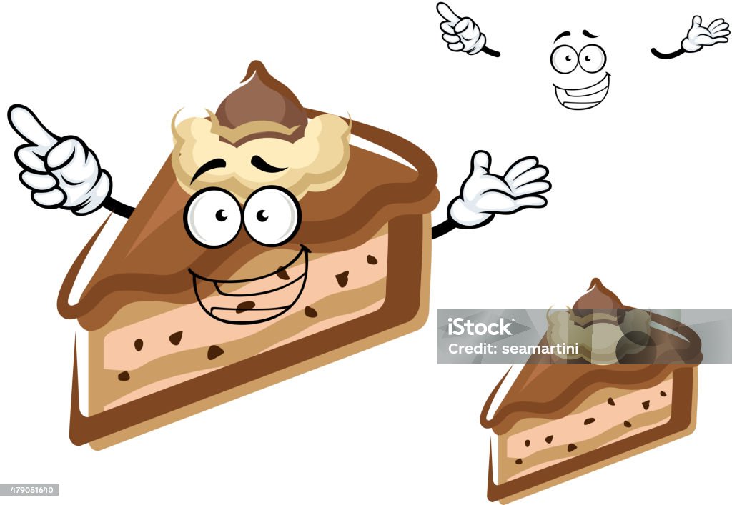 Cartoon chocolate cheesecake with buttercream Happy chocolate cheesecake slice cartoon character with chocolate chips and buttercream swirl on the top for pastry shop or birthday party design 2015 stock vector