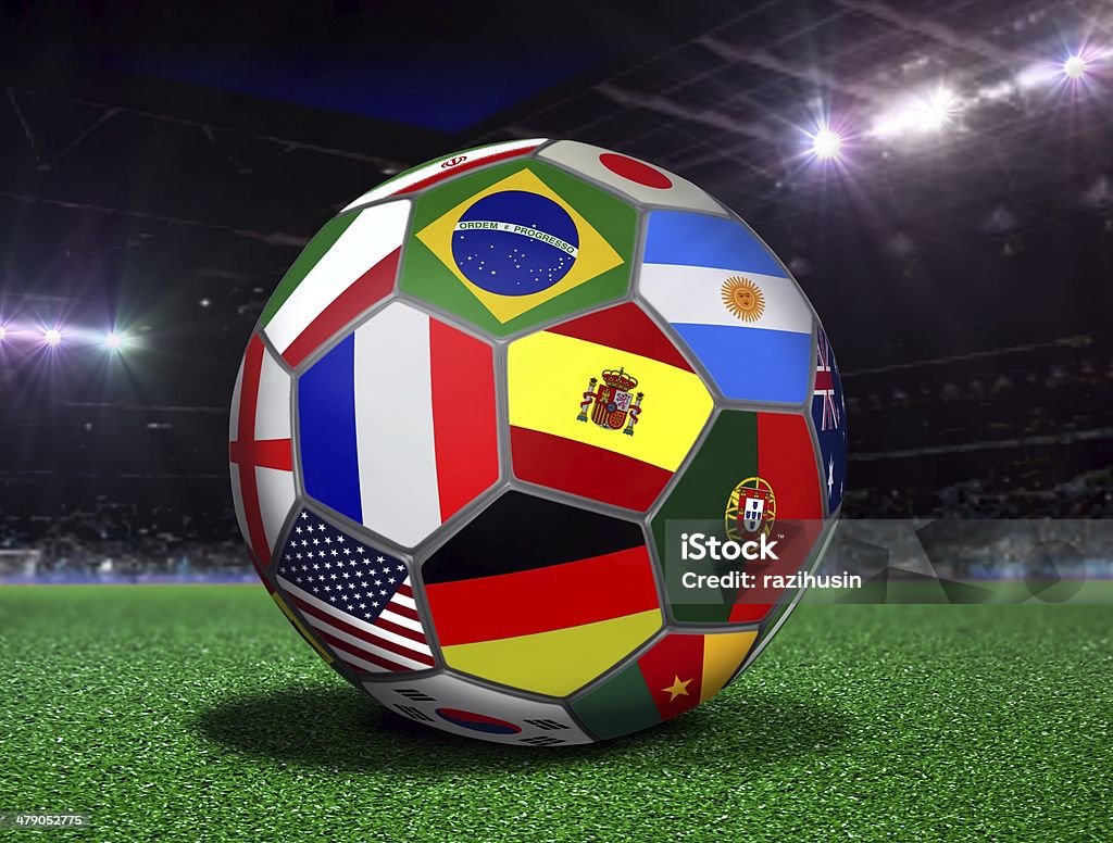 Soccer Ball with Team Flags in a Stadium Backgrounds Stock Photo