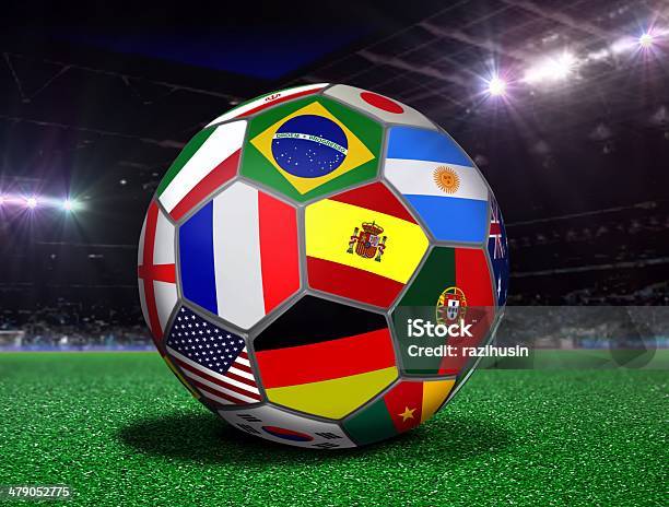 Soccer Ball With Team Flags In A Stadium Stock Photo - Download Image Now - Backgrounds, Flag, Grass