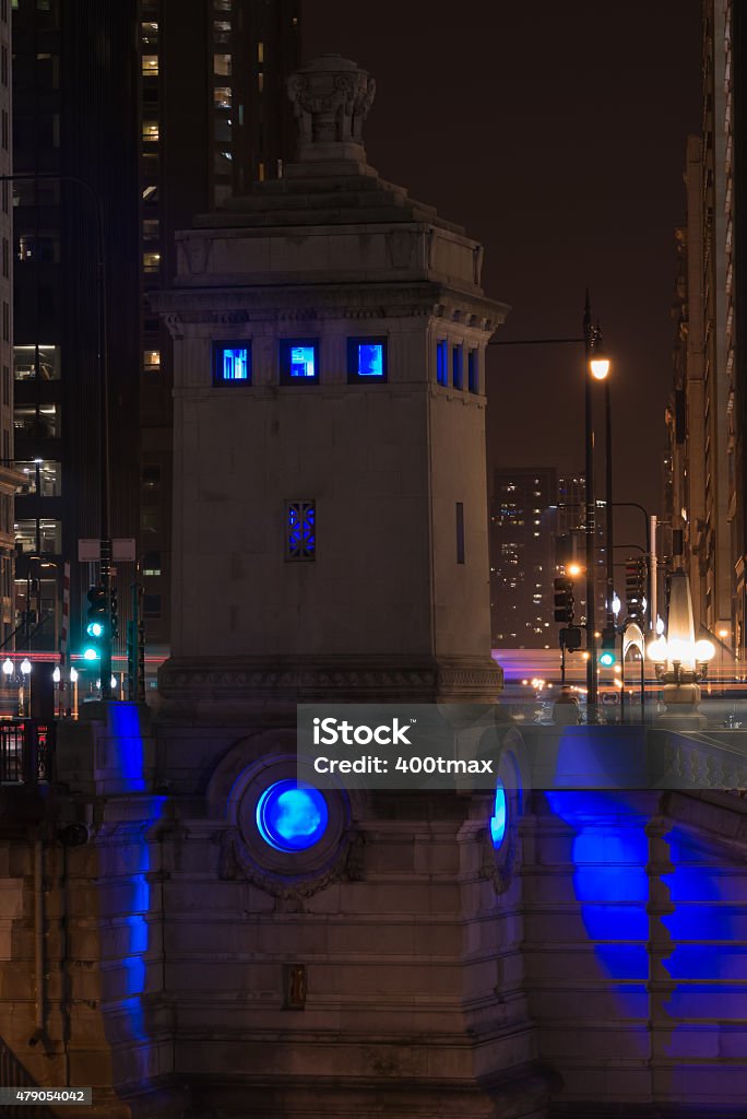 Dusable Bridge The blue illuminated Dusable bridge tower. 2015 Stock Photo