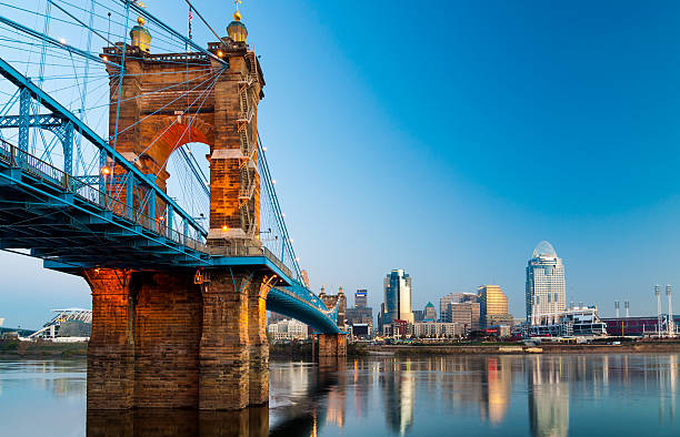 edificios de cincinnati perfilados contra el horizonte y roebling puente colgante al atardecer - ohio fotografías e imágenes de stock