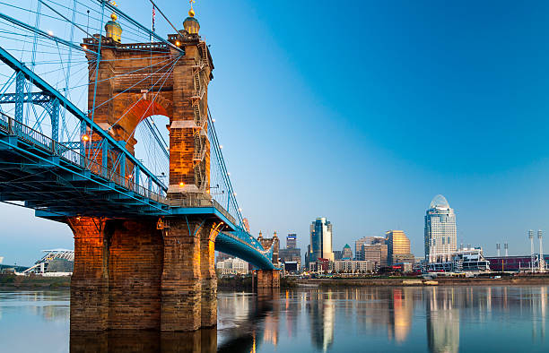 Cincinnati skyline and Roebling Suspension Bridge at dawn Downtown Cincinnati skyline on the right and the Roebling Suspension Bridge on the left, during dawn, as viewed from Covington, Kentucky. ohio stock pictures, royalty-free photos & images