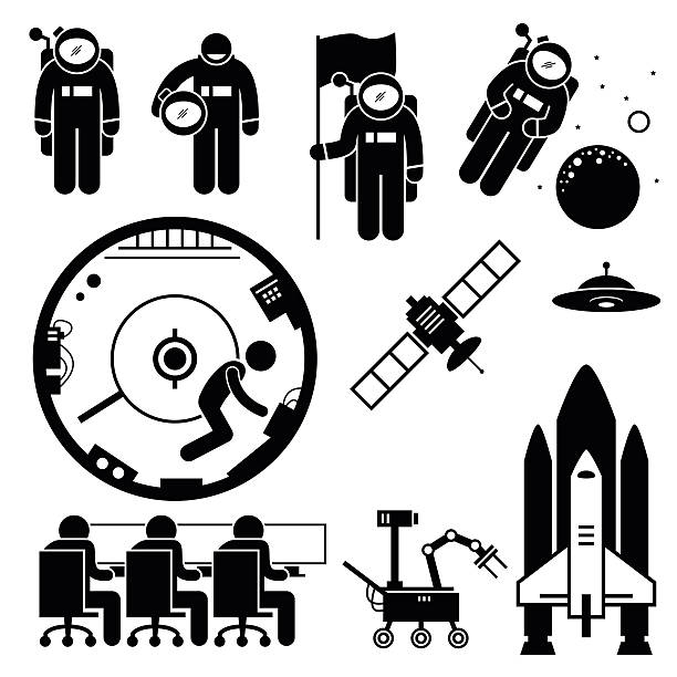 Astronaut Space Exploration Stick Figure Pictogram Icons The work of an astronaut at outer space. This include floating at the space, putting on a flag, taking off helmet, working inside space station, using drone from a command center. Objects such as satellite, UFO and rocket are there too. astronaut icons stock illustrations
