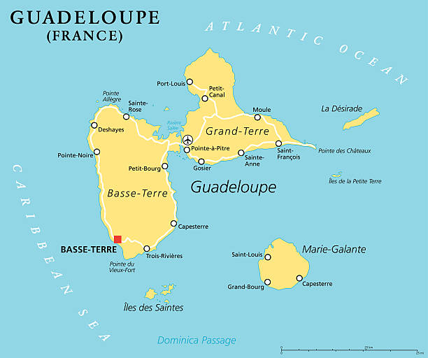 Guadeloupe Political Map Guadeloupe Political Map with capital Basse-Terre, an overseas region of France, located in the Leeward Islands, part of the Lesser Antilles in the Caribbean. English labeling and scaling. Illustration. french overseas territory stock illustrations