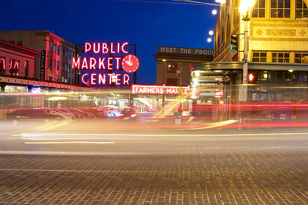 Pike Place Public Market Center Sign at Night stock photo