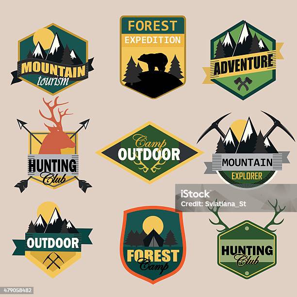 Adventure Outdoors Camping Logo Emblems Set Stock Illustration - Download Image Now - 2015, Adventure, Animal Wildlife