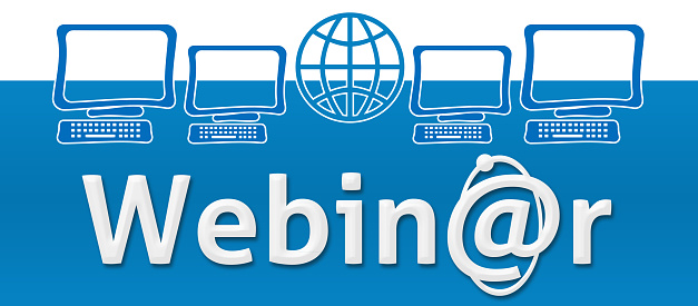 Webinar concept image with text and related symbols on top.