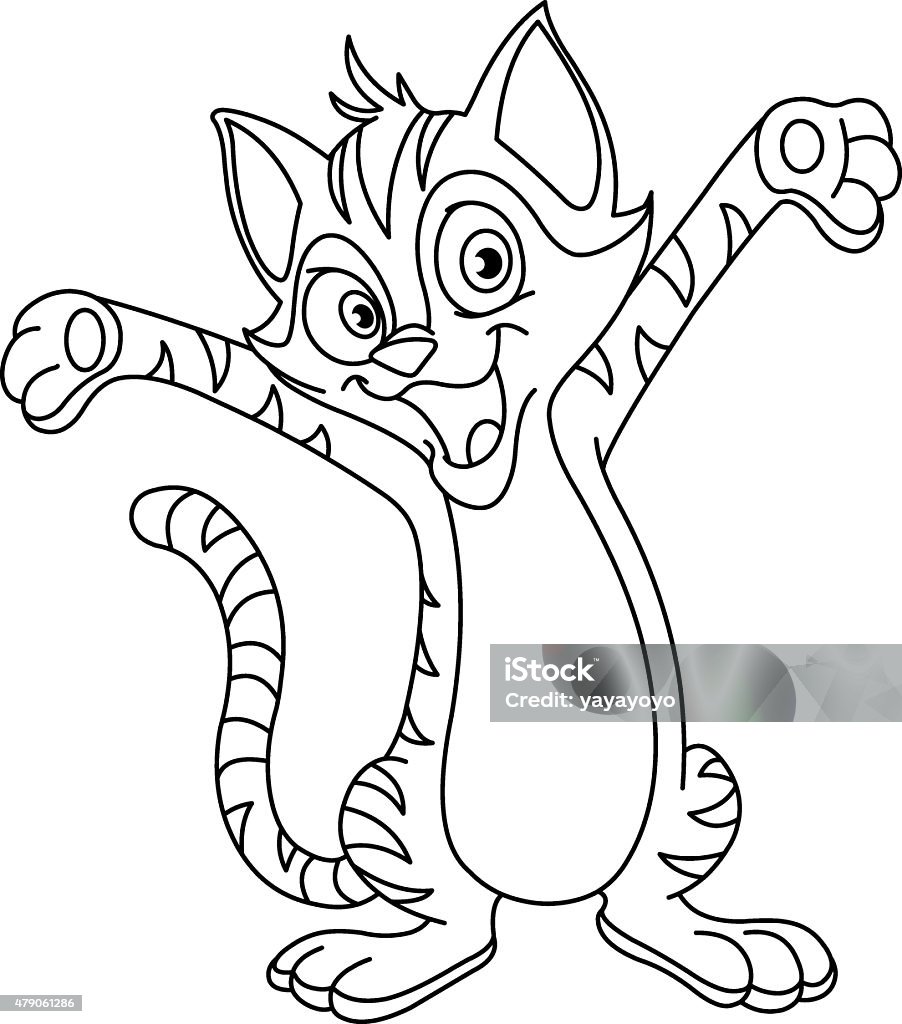 Outlined happy cat Outlined happy cat raising his hands. Vector illustration coloring page. Domestic Cat stock vector