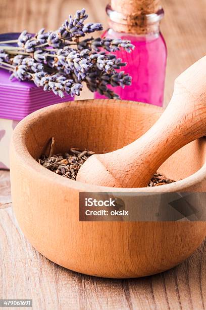 Lavender In Mortar Stock Photo - Download Image Now - Aromatherapy, Beauty Product, Brown