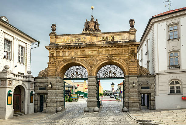 Pilsner Urquell Brewery in daylight, Czech Republic Pilsen,Czech Republic - May 15, 2015: The famous Brewery Gate is the entry point to the area of the world-renown Pilsner Urqell Brewery. pilsen stock pictures, royalty-free photos & images