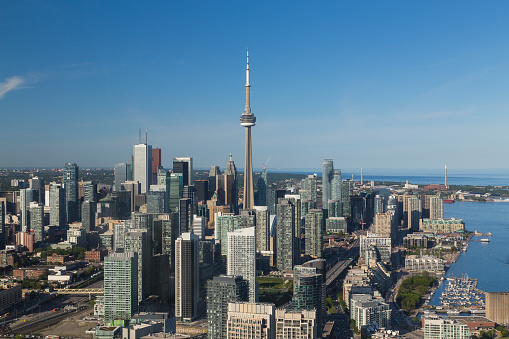 A view of buildings in downtown Toronto during the day viewed from the air
