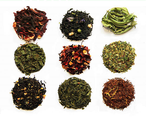 Tea assortment Composition of nine teas (green, black, herbal, flower tea sorts) isolated on white mint tea stock pictures, royalty-free photos & images